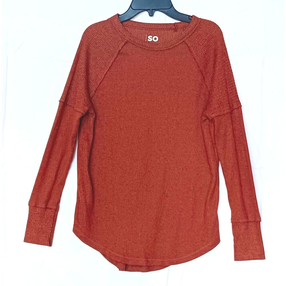 SO Women's Size S Brown Solid Ribbed Knit Crew Neck Raglan Long Sleeve Sweater
